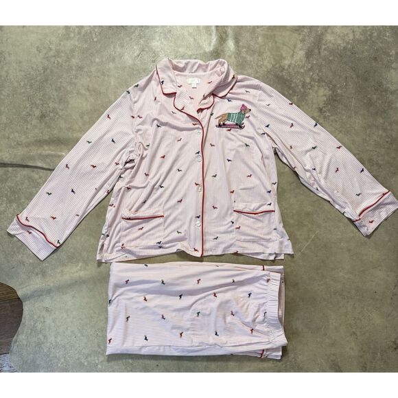 Beauty Sleep Social Pajama Set Womens Size XXL Pink Puppy Dog Embroidered Soft - Picture 1 of 15